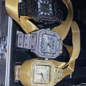 Elegant Gold and Silver Watches with lab ice stones, black yellow white unisex